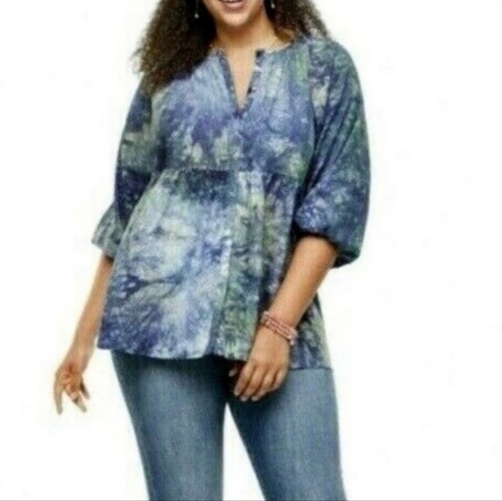 CAbi Woodstock Oversized Button Down Tie Dye Peplum Top